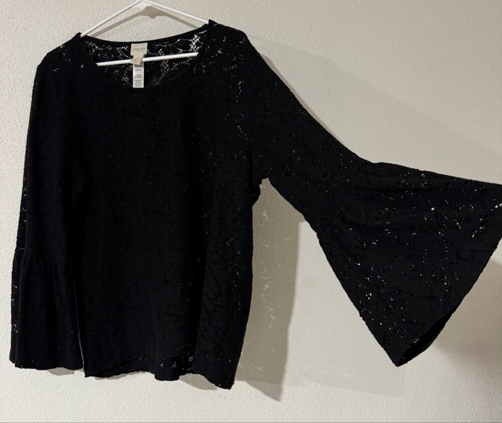 Chicos Black Floral Lace Bell Sleeve Blouse 3 Plus SizeXL Knit Crochet Goth Chic